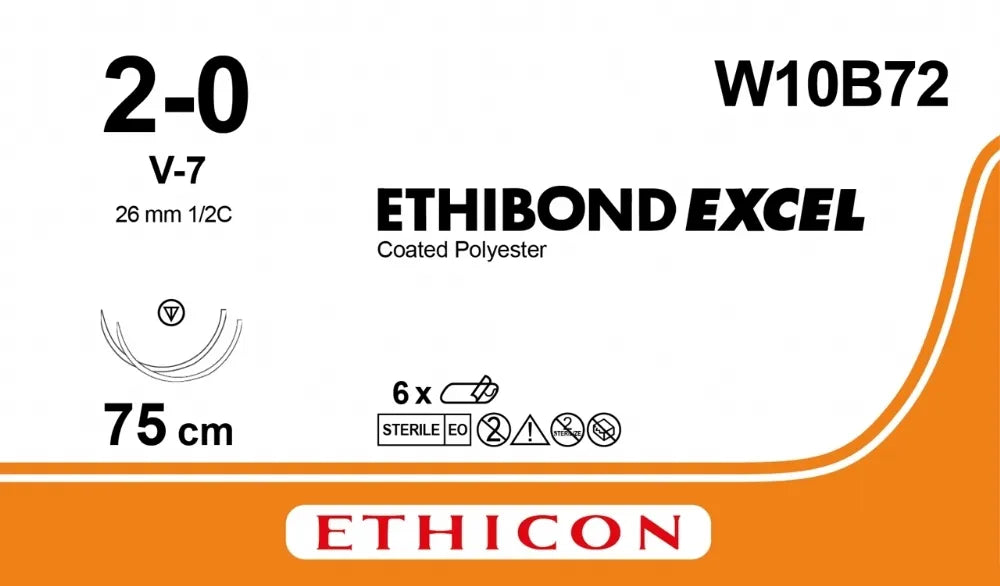 Ethicon Ethibond Sutures USP 2-0, 1/2 Circle Tapercut SX V-7 Double Needle - W10B72
