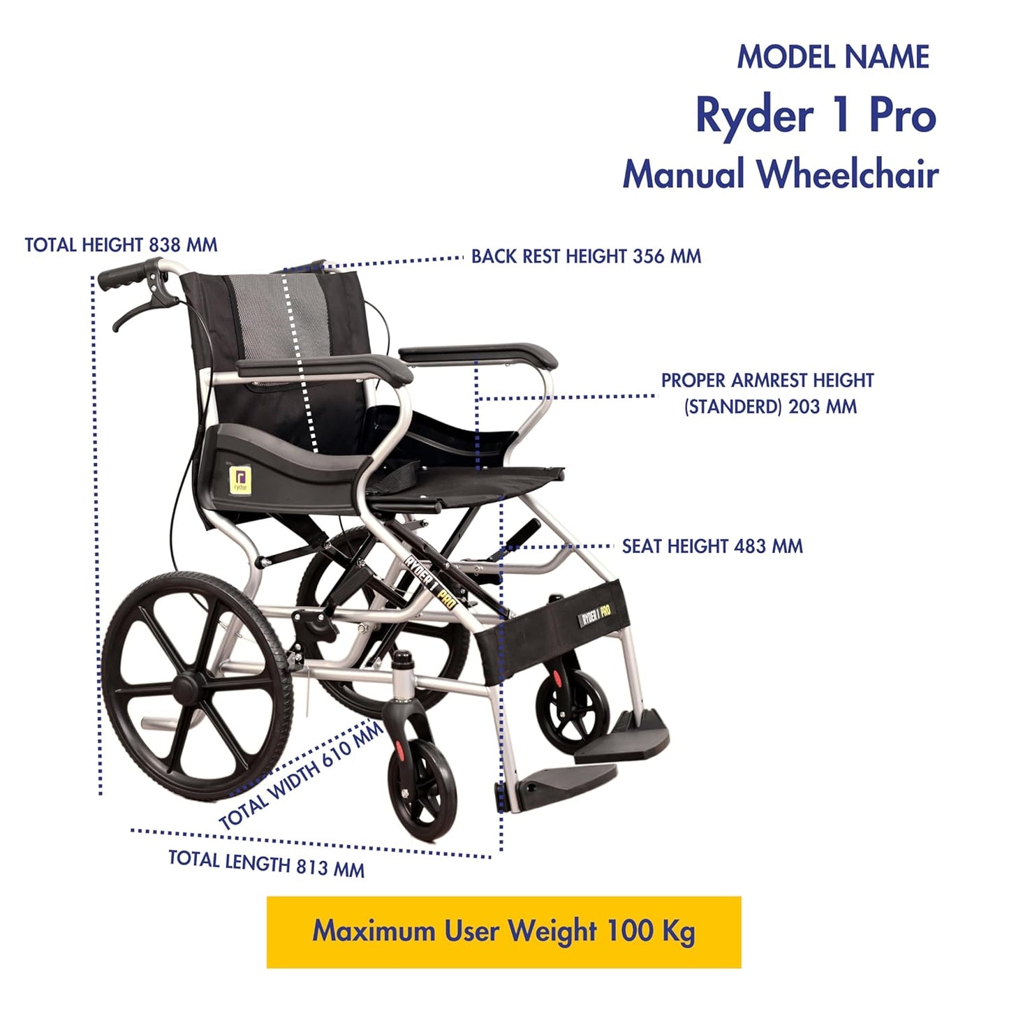 Karma Ryder-1 Pro Manual Wheelchair | Attendant-Driven | Lightweight, Foldable, Travel-Friendly | Double Cross-Bar Mild Steel Frame