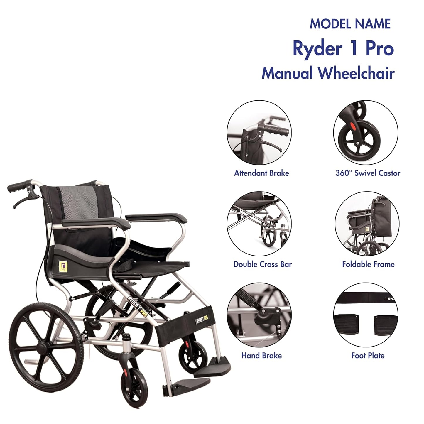 Karma Ryder-1 Pro Manual Wheelchair | Attendant-Driven | Lightweight, Foldable, Travel-Friendly | Double Cross-Bar Mild Steel Frame