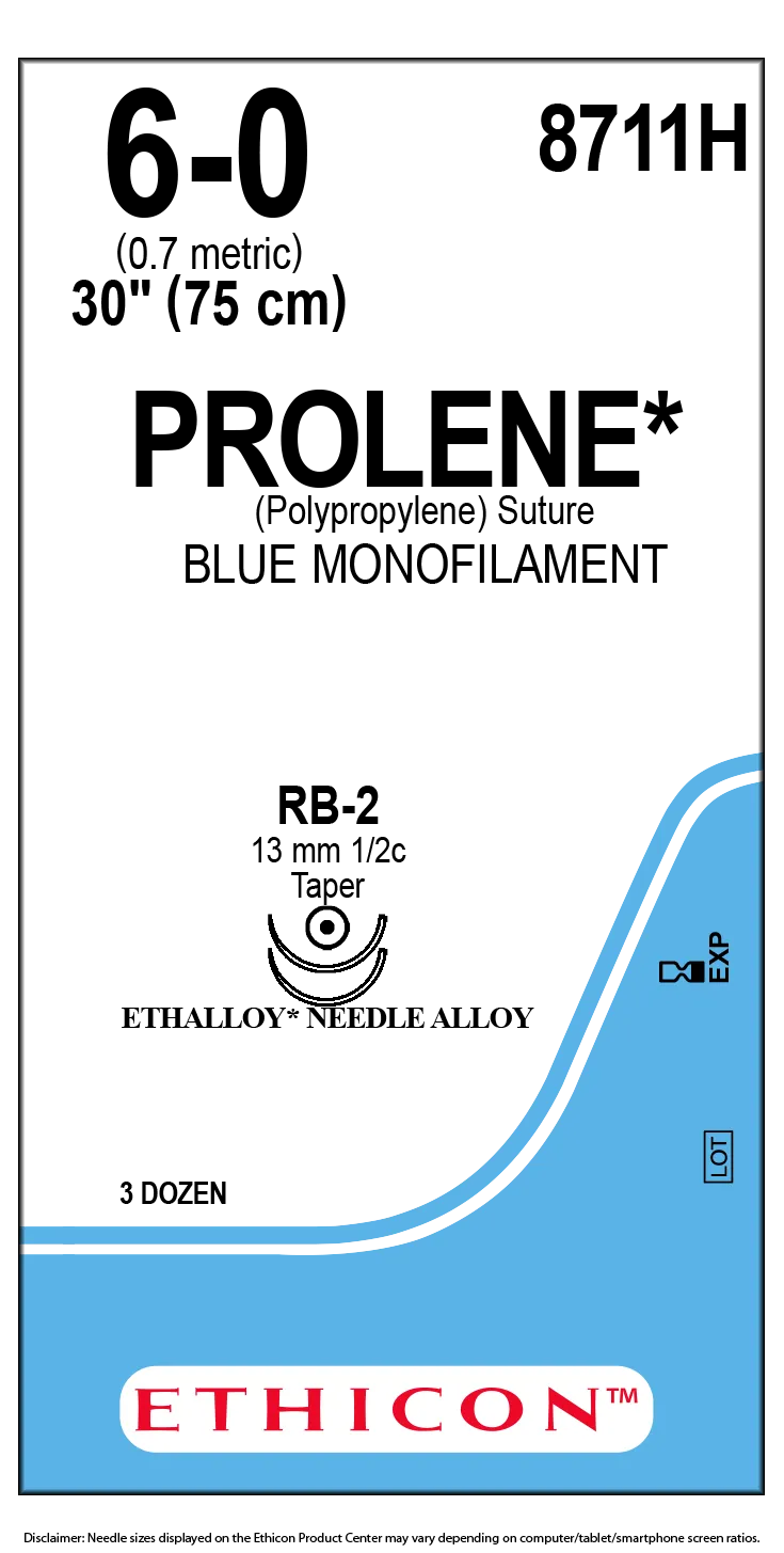 Ethicon Prolene Sutures USP 6-0, 1/2 Circle Round Body RB-2 Double Needle 8711H