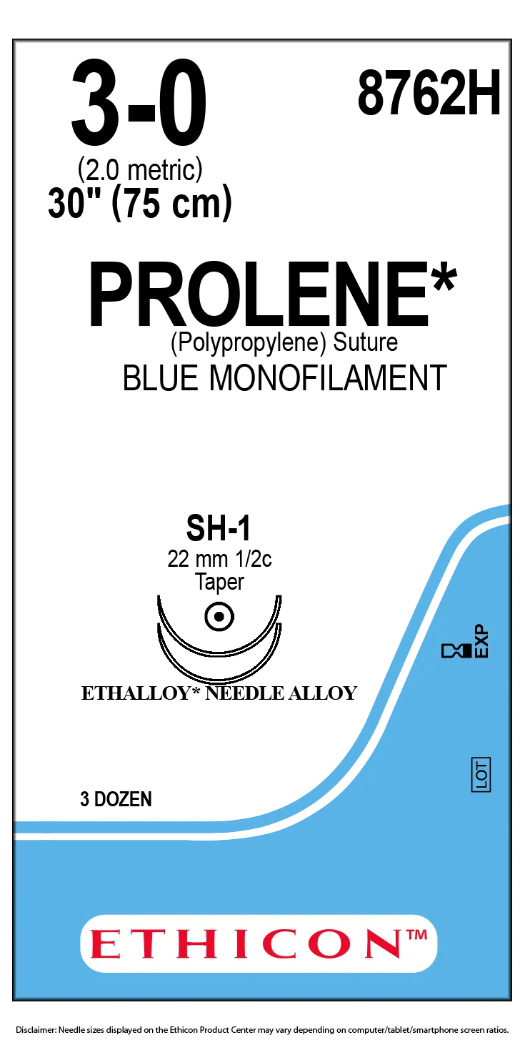 Ethicon Prolene Sutures USP 3-0, 1/2 Circle Taper Point SH-1 Ethalloy Double Needle 8762H