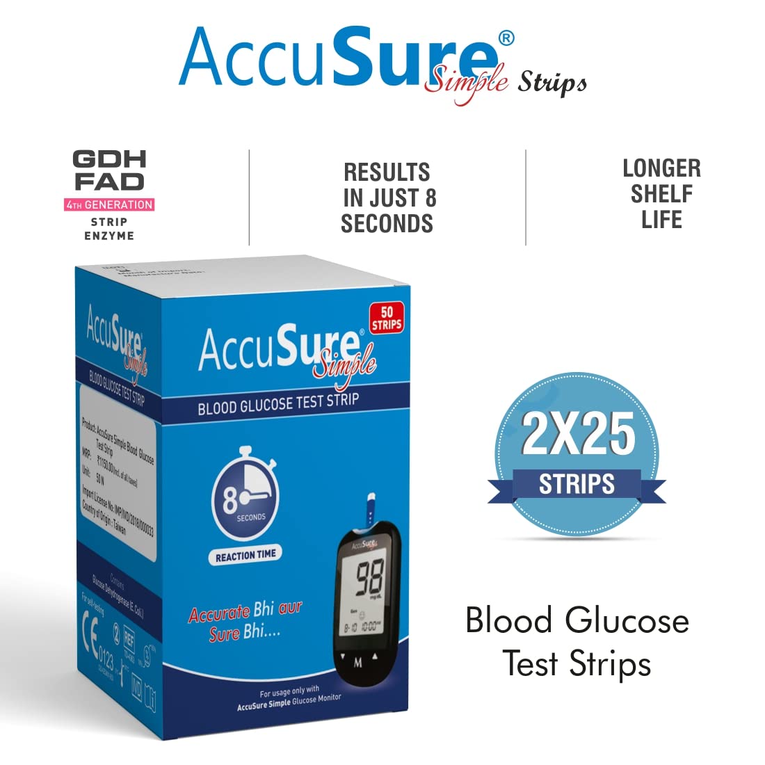 AccuSure Simple Blood Glucose Test Strip - 50 Strips