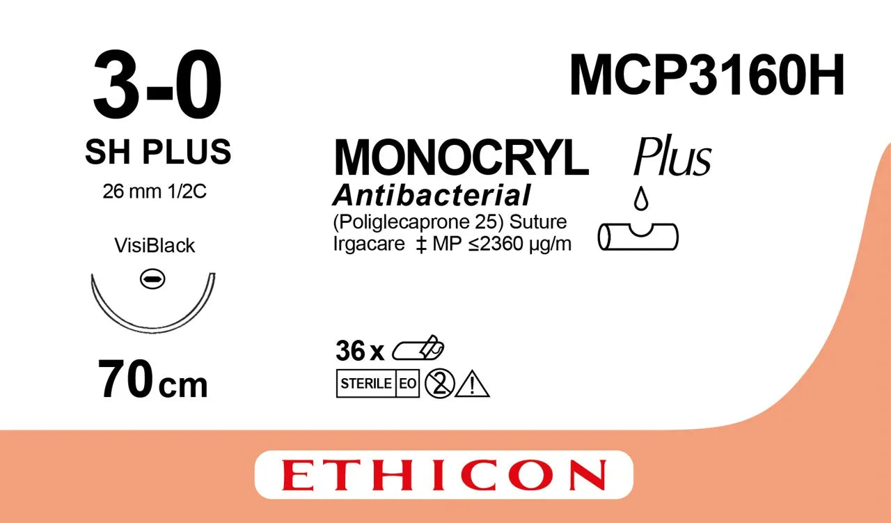 Monocryl Plus Sutures USP 3-0, 1/2 Circle Oval Round Body - MCP3160H