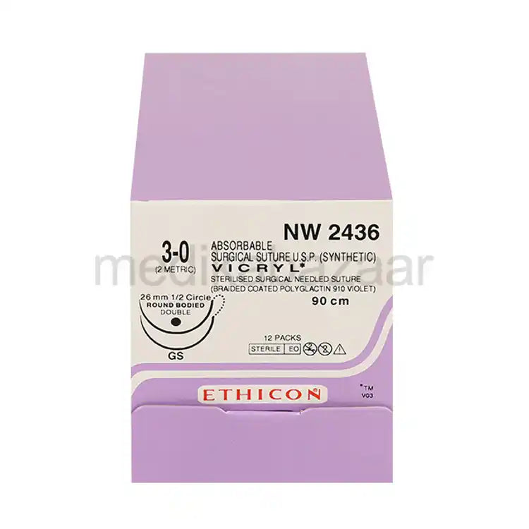 Ethicon Vicryl Sutures USP 3-0, 1/2 Circle Round Body GS Double Needle - NW2436