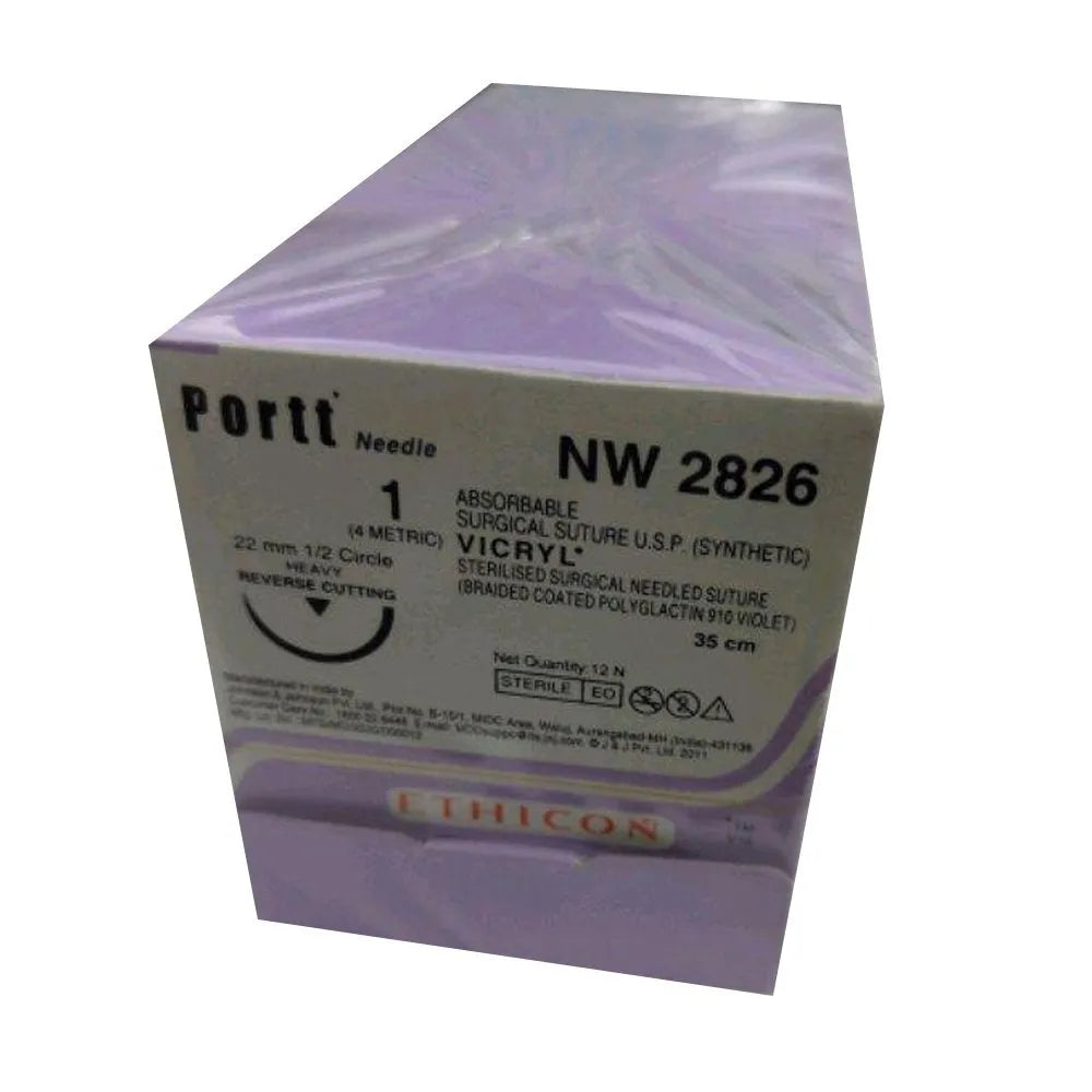Ehicon Vicryl Sutures USP 1, 1/2 Circle Reverse Cutting Heavy Portt - NW2826