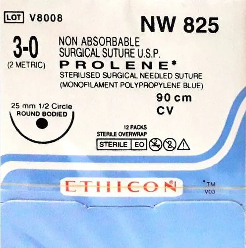 Ethicon Prolene Sutures USP 3-0, 1/2 Circle Round Body - NW825P
