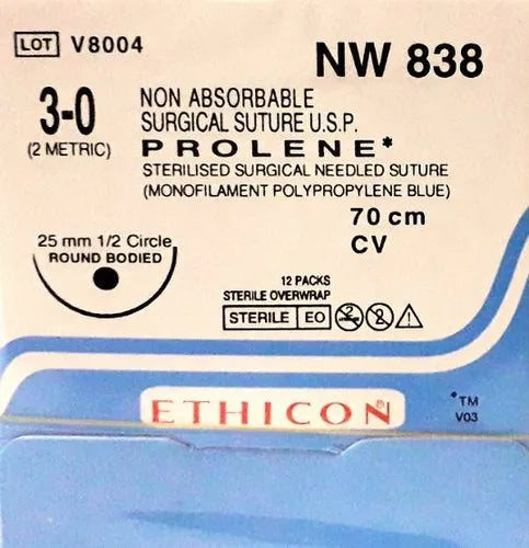 Ethicon Prolene Sutures USP 3-0, 1/2 Circle Round Body - NW838