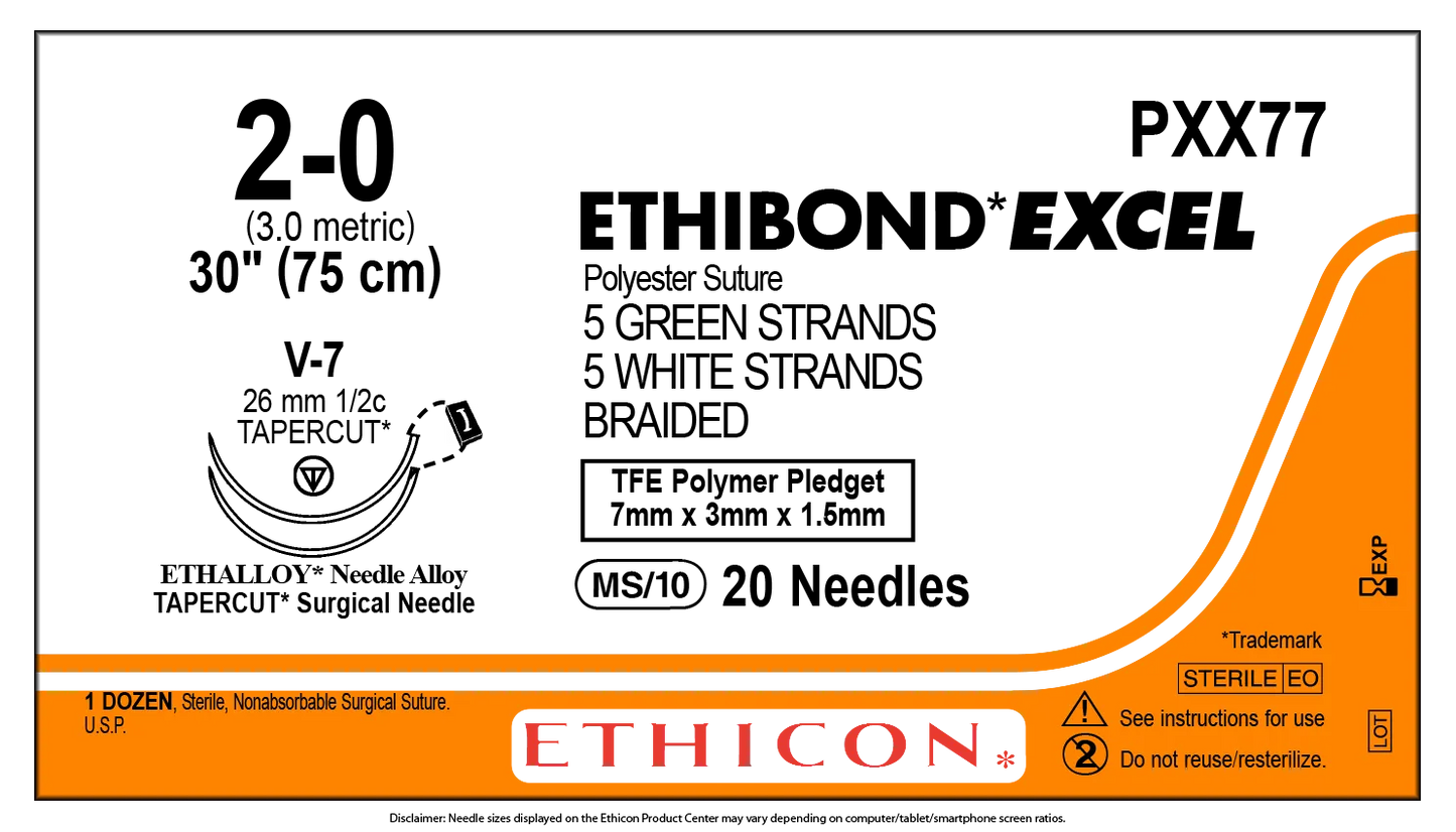 Ethicon Ethibond Sutures USP 2-0, 1/2 Circle Tapercut V-7 Double Needle - PXX77 - 12 foils
