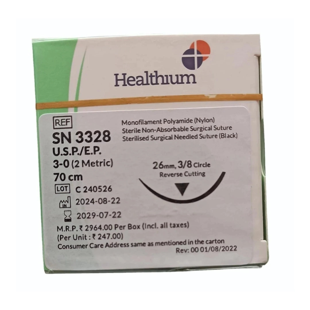 Sutures India Trulon USP 3-0, 3/8 Circle Reverse Cutting SN 3328
