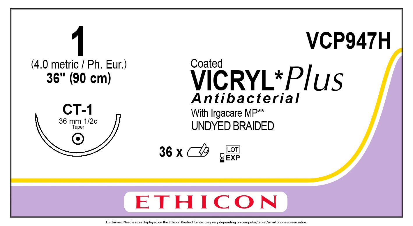 Ethicon Vicryl Plus Sutures USP 1, 1/2 Circle Taper Point CT-1 - VCP947H