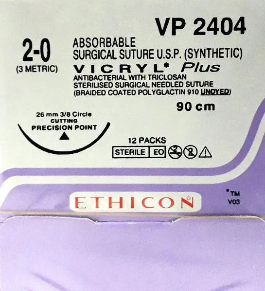 Vicryl Plus Sutures USP 2-0, 3/8 Circle Cutting - VP 2404