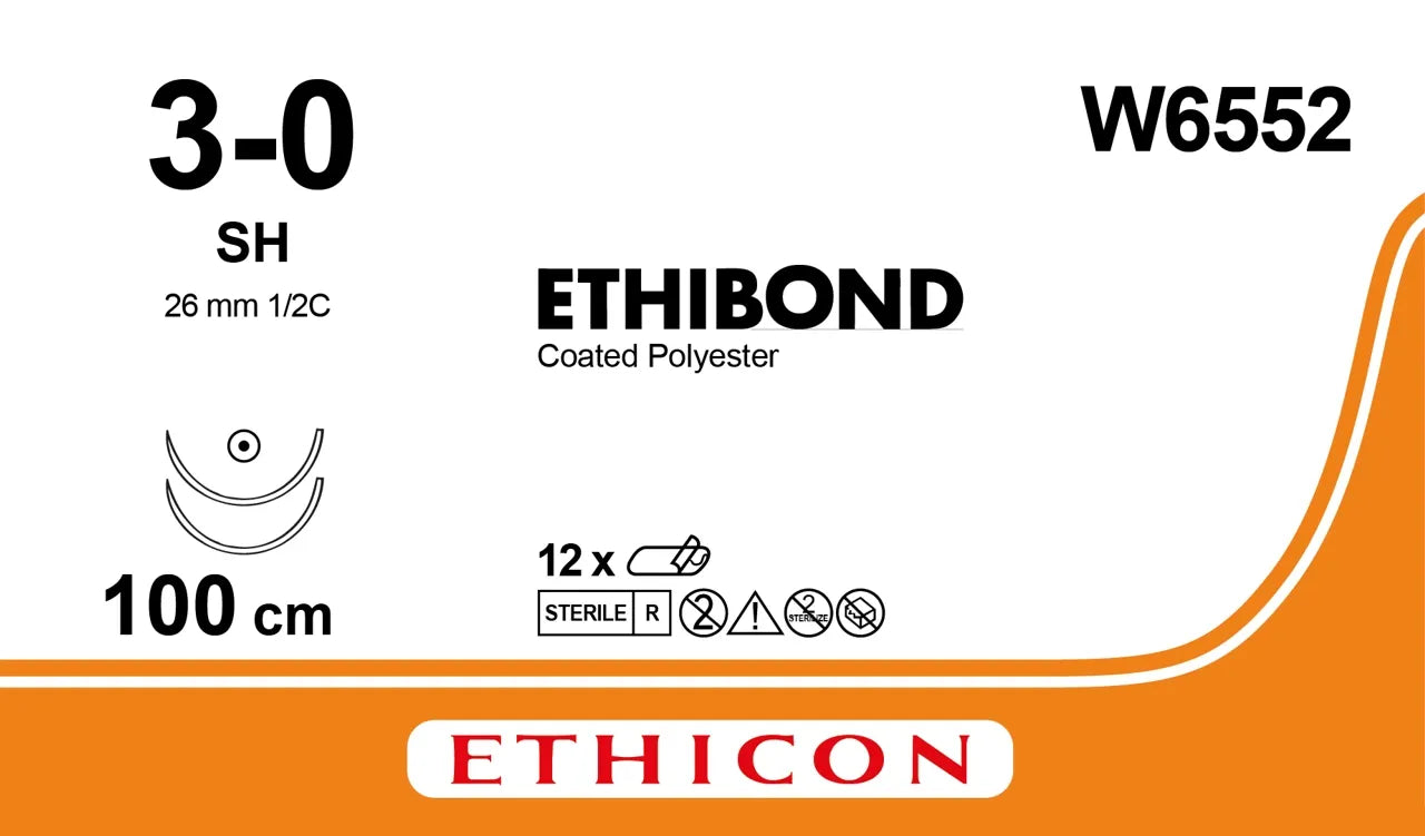 Ethicon Ethibond Sutures USP 3-0, 1/2 Circle Round Body SH Double Needle - W6552
