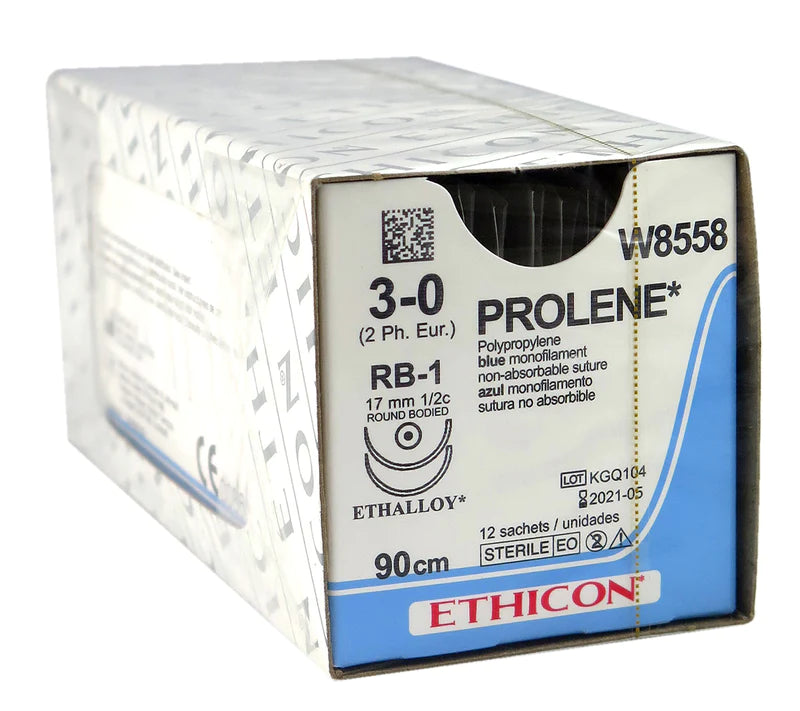 Ethicon Prolene Sutures USP 3-0, 1/2 Circle Round Body RB-1 Double Needle W8558