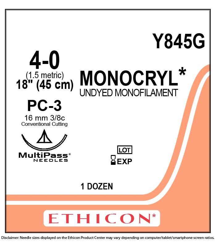 Ethicon Monocryl Sutures USP 4-0, 3/8 Circle Cutting Precision Cosmetic PC-3 - Y845G