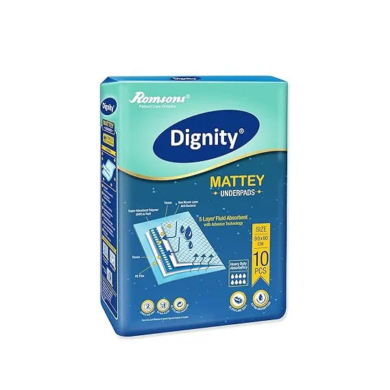 Dignity Mattey Underpads 60x90 cm - 10 Pcs | 5 Layer Fluid Absorbent, Heavy Duty, Disposable Unisex Underpads by Romsons