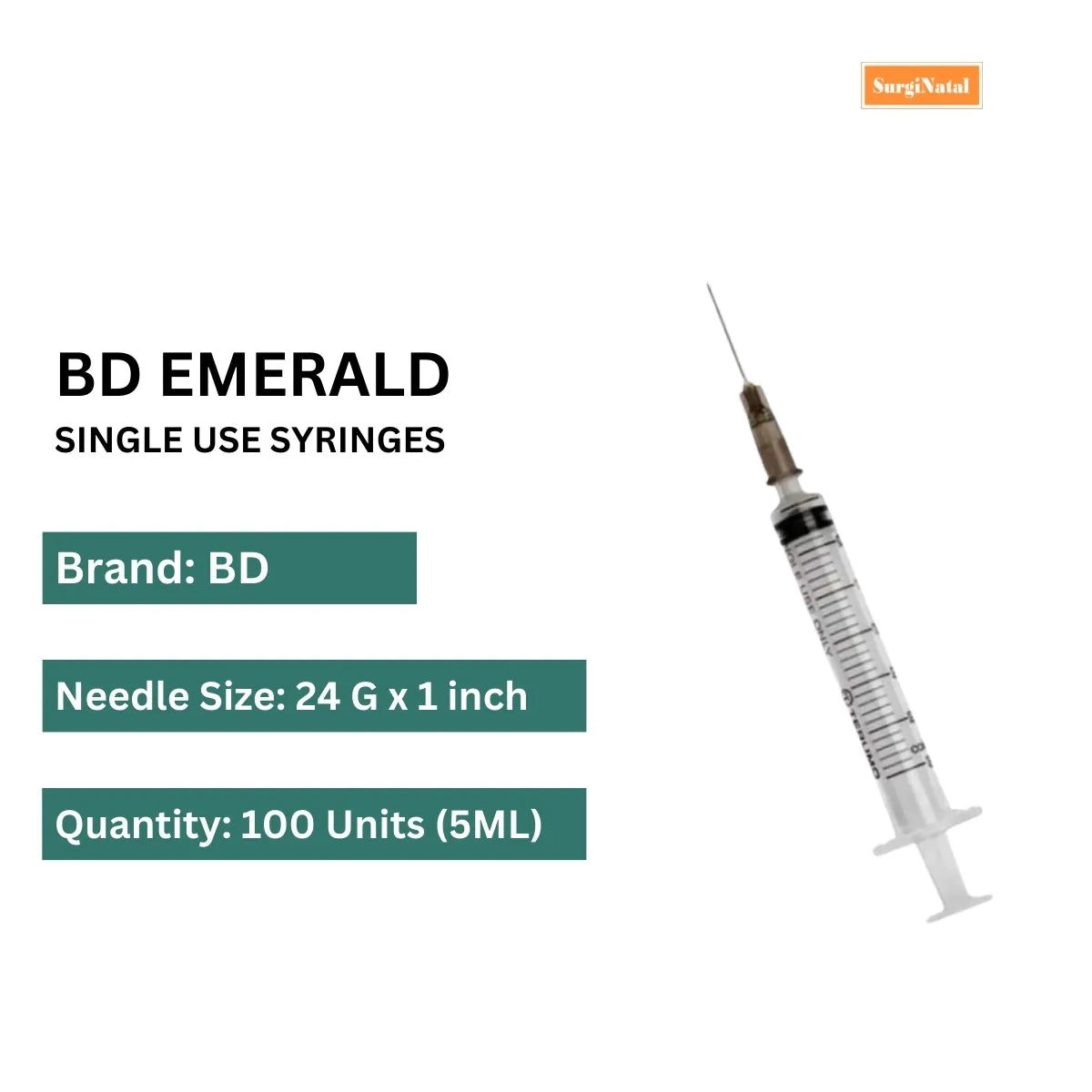 BD 5ml Syringe - 24G - 100 Units Pack | SurgiNatal