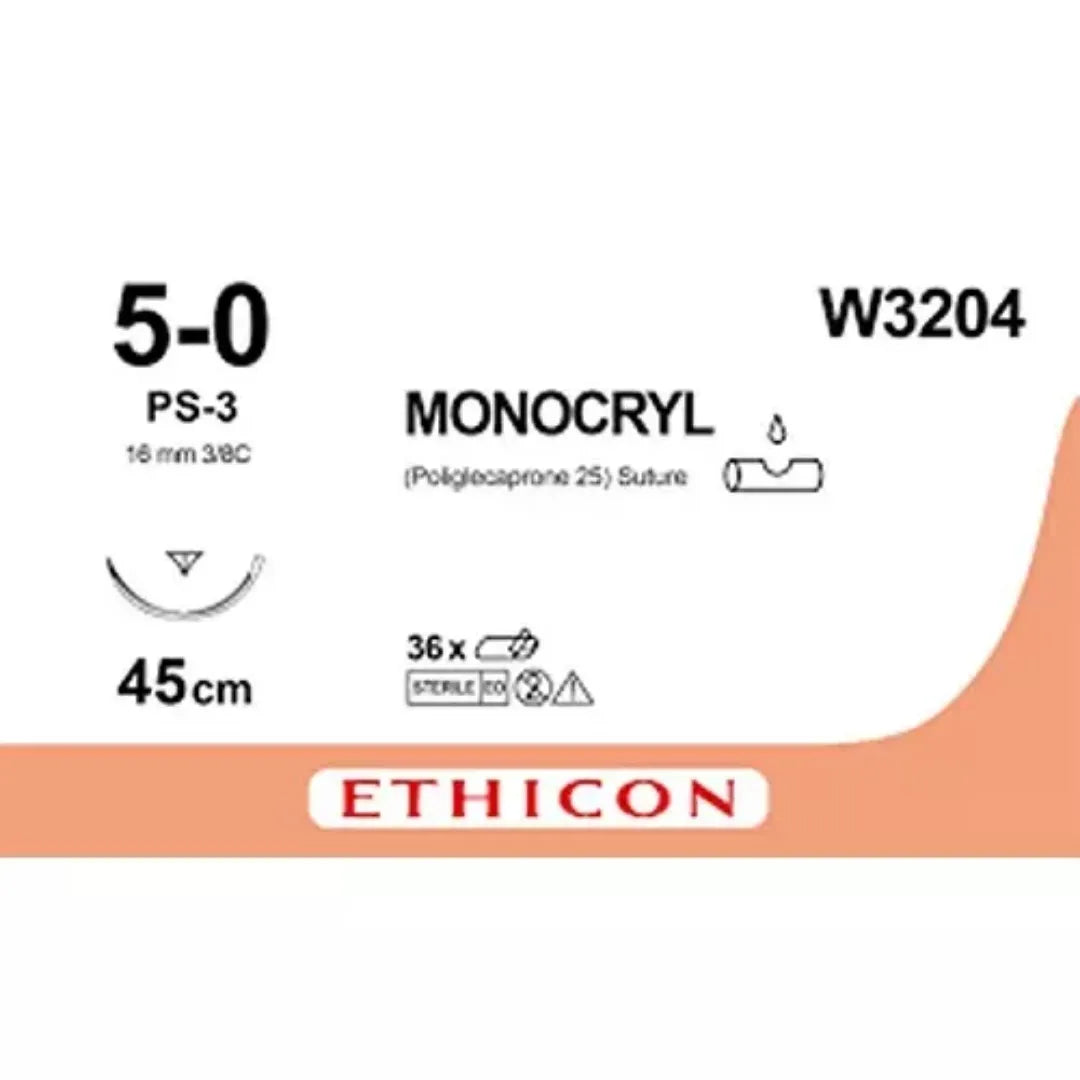 Ethicon Monocryl Sutures USP 5-0, 3/8 Circle Reverse Cutting Prime W3204 -12 Foils