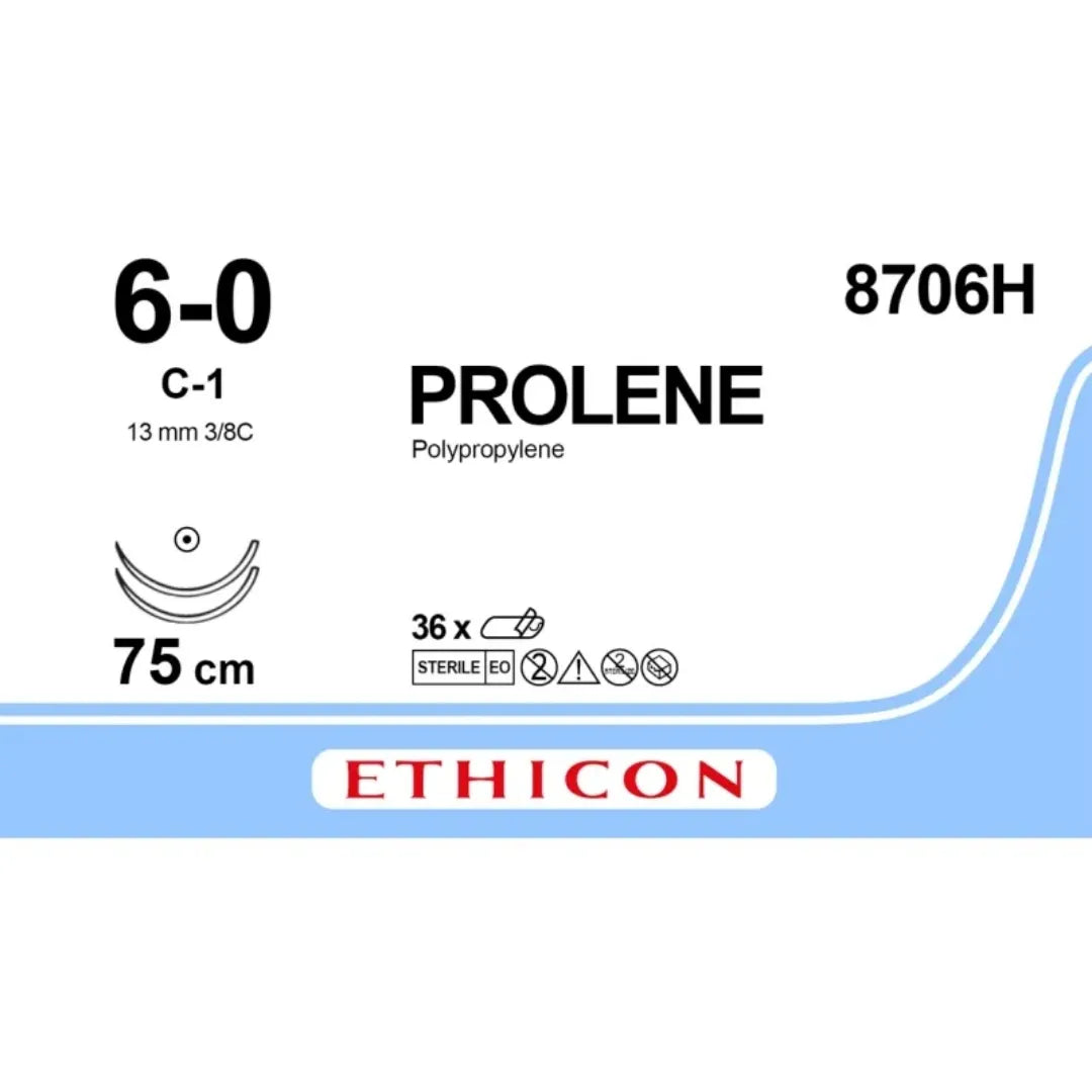 Ethicon Prolene Sutures USP 6-0, 3/8 Circle Round Body C-1 Double Needle W8706 -12 Foils