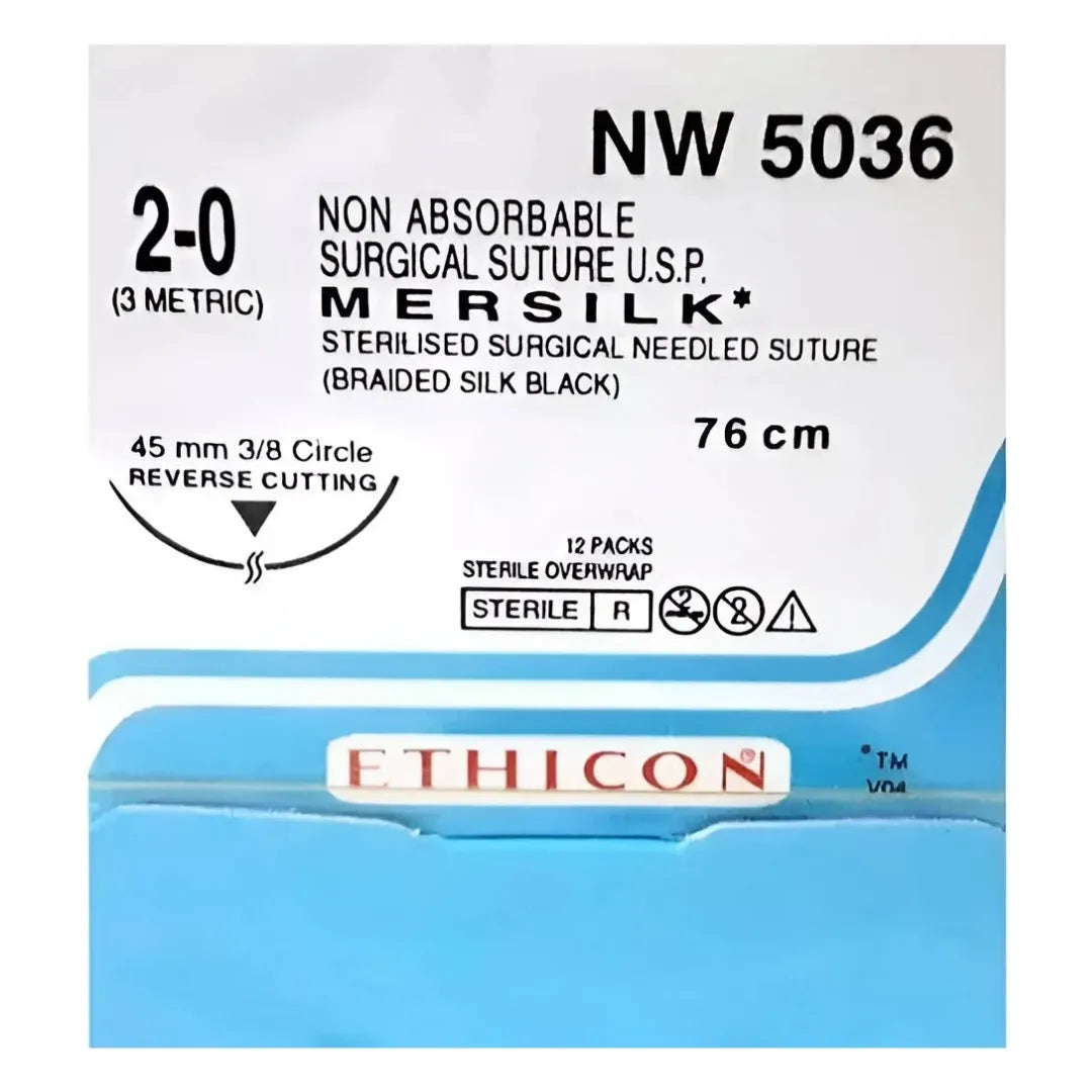 Ethicon Mersilk Sutures USP 2-0, 3/8 Circle Reverse Cutting - NW 5036P