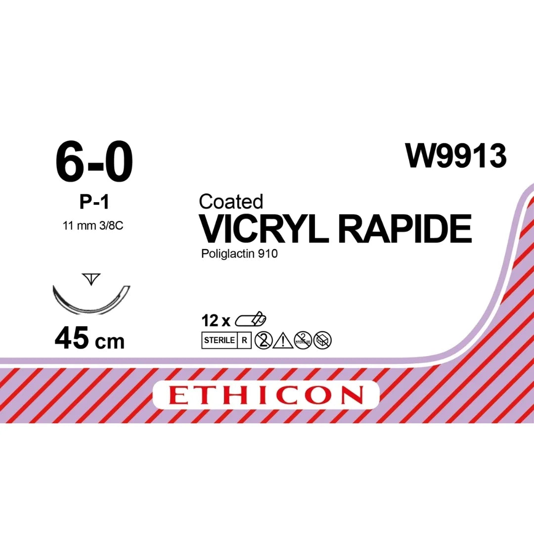 Ethicon Vicryl Rapide Sutures USP 6-0, 3/8 Circle Reverse Cutting Prime P-1 - W9913