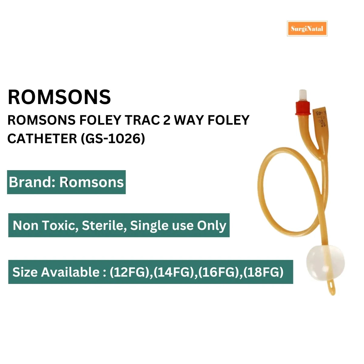 Buy Romsons Foley Trac 2-Way Catheter (GS-1026) Online (Multi Sizes Available)