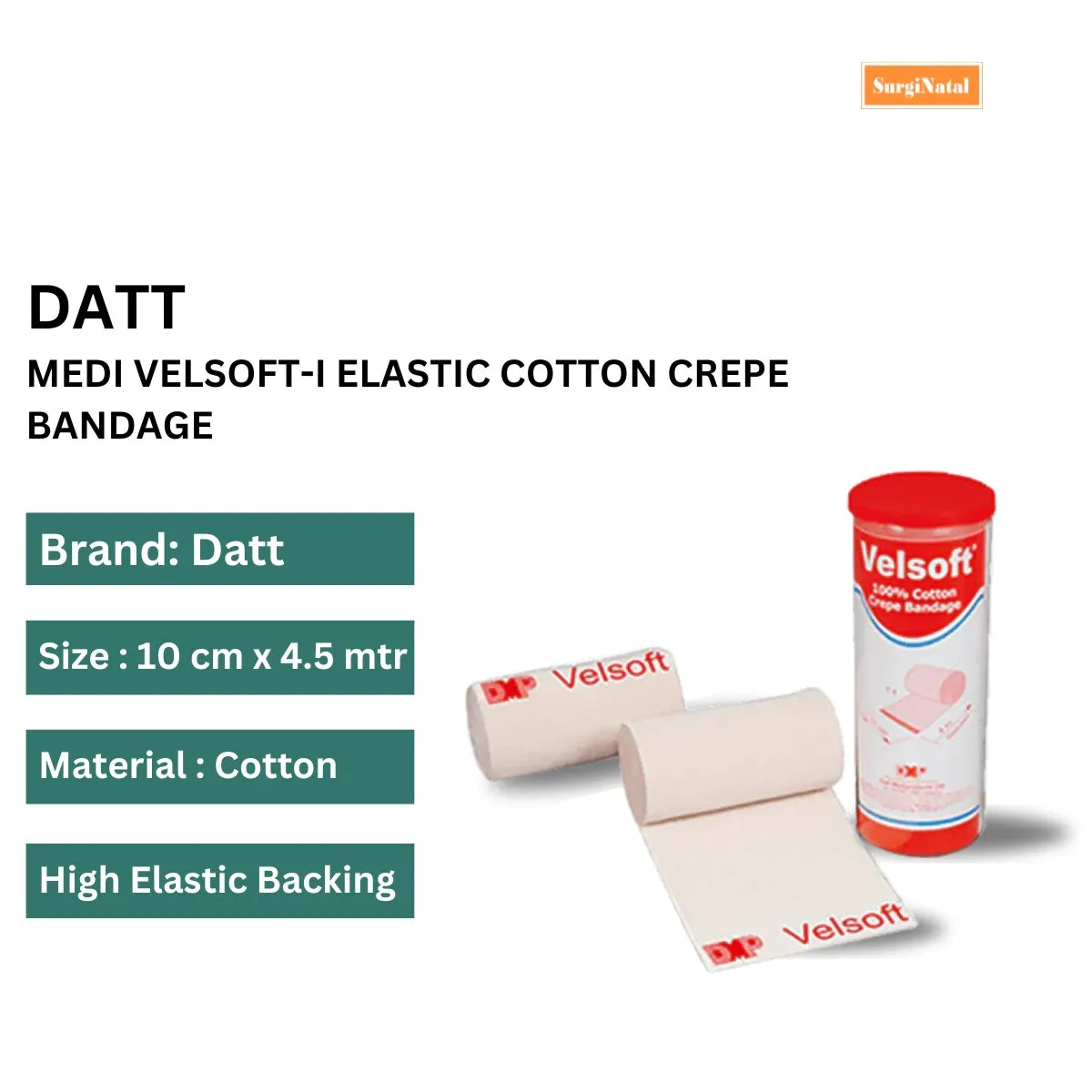 Datt Medi Velsoft-I Elastic Cotton Crepe Bandage 10 cm x 4.5 m