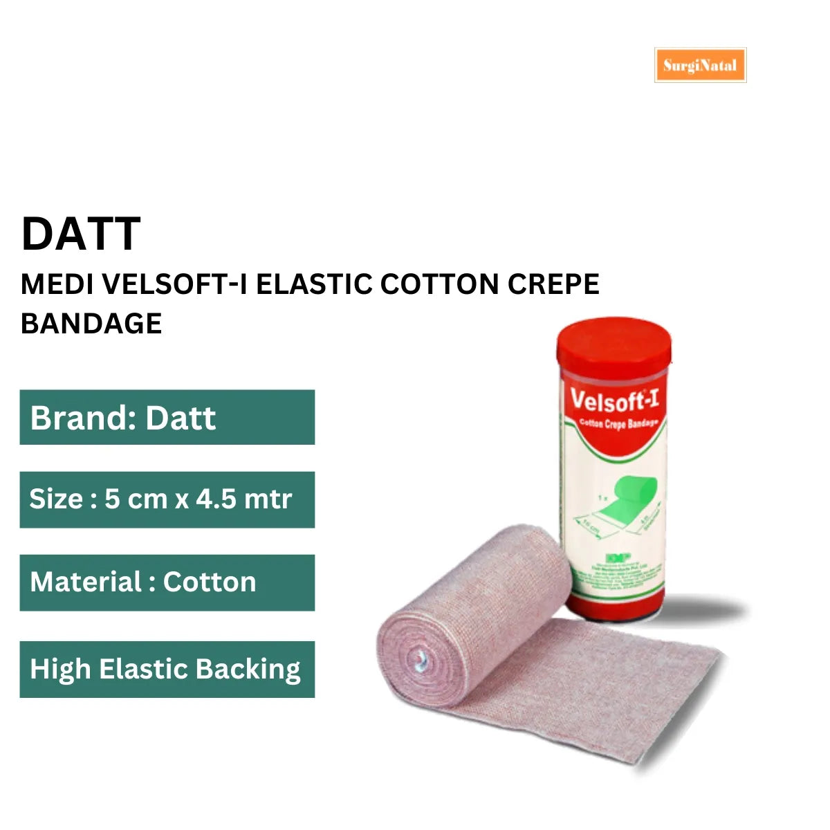 Datt Medi Velsoft-I Elastic Cotton Crepe Bandage 5 cm x 4.5 m