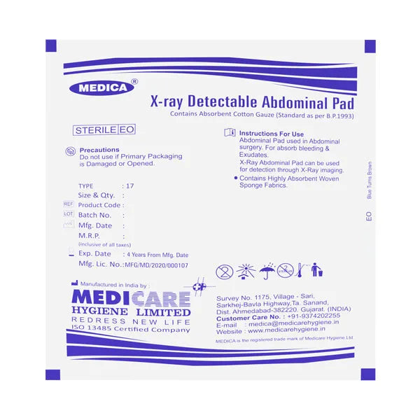Medica Medimop X-Ray Detectable Abdominal Pad Sterile R 25cm X 25cm X 8 Ply