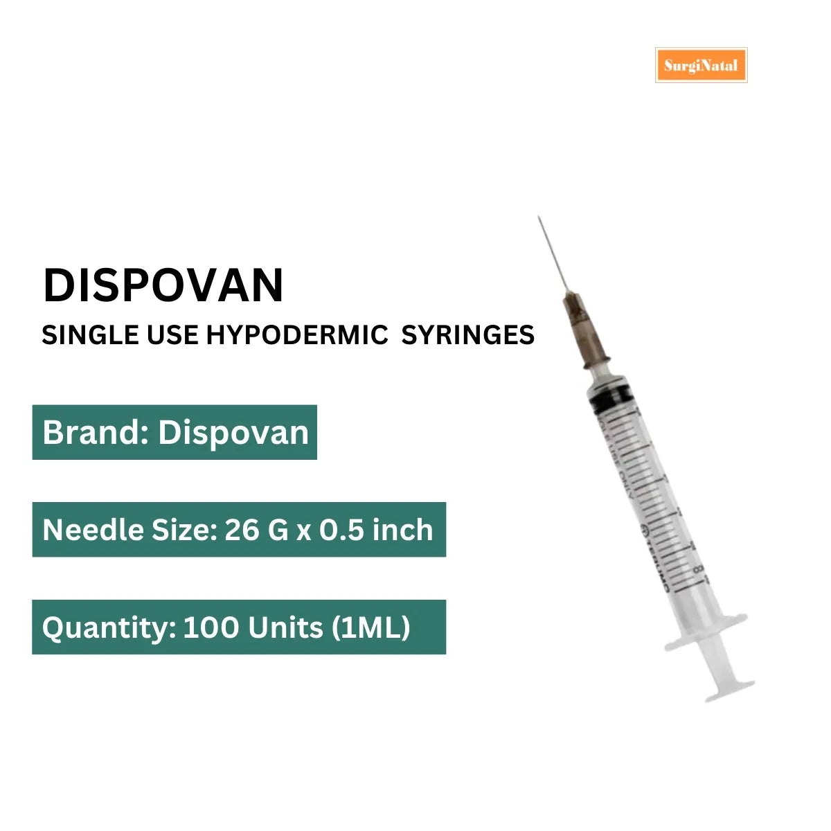 Dispo Van Syringe 1ml - 26G - 100 Units Pack | SurgiNatal