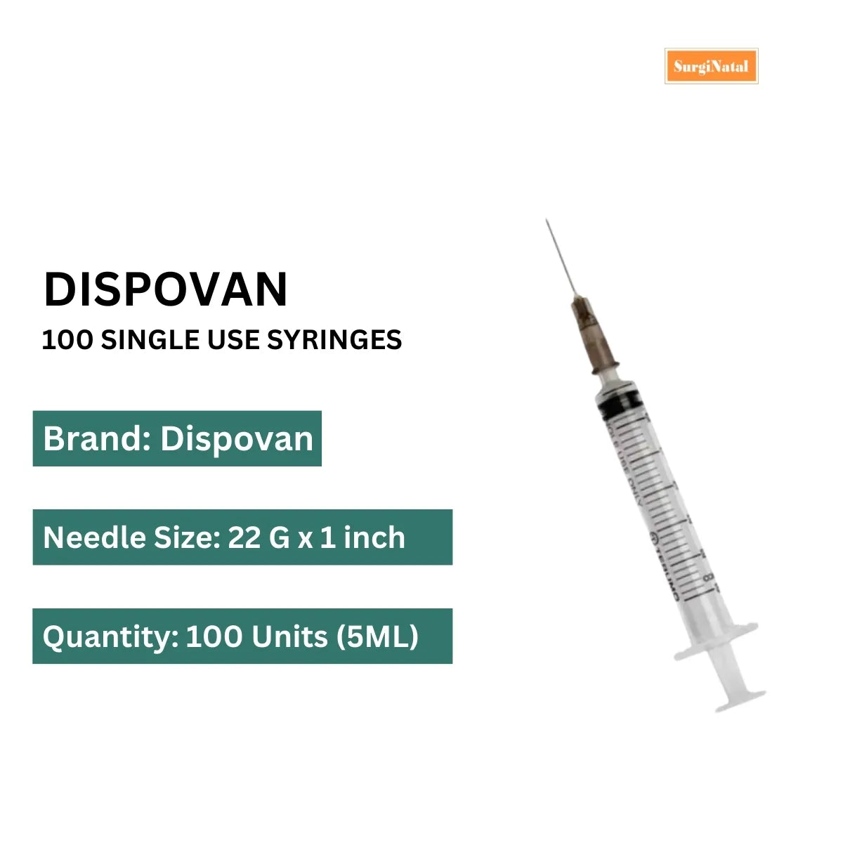 Dispo Van Syringe 5ml With Needle - 100 Units Pack