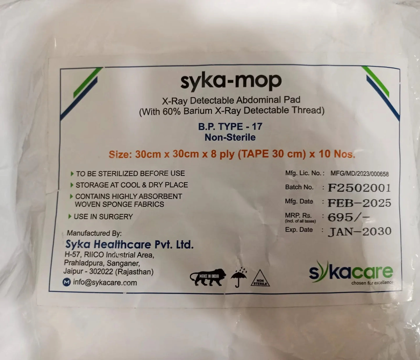 Syka-Mop X-Ray Detectable Abdominal Pad (30cm X 30cm 8PLY) 10 Pcs