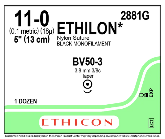 Ethilon Sutures USP 11-0, 3/8 Circle Round Body Taper Point - 2881G