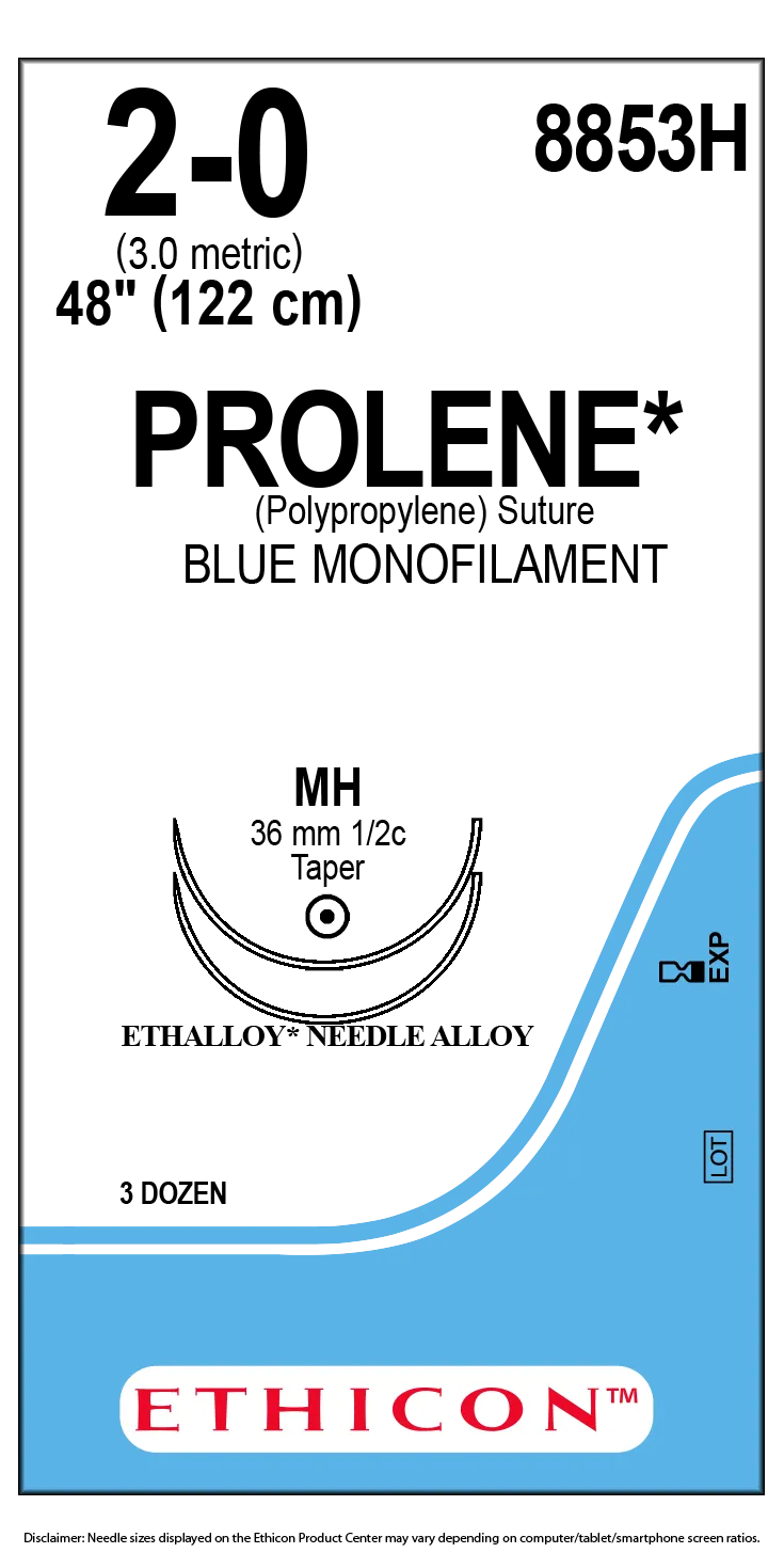Ethicon Prolene Sutures USP 2-0, 1/2 Circle Taper Point MH Ethalloy Double Needle 8853H