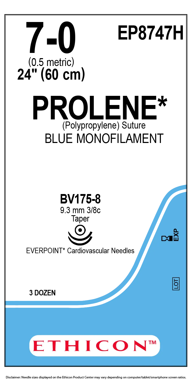 Ethicon Prolene Sutures USP 7-0, 3/8 Circle Taper Point BV 175-8 Double Needle EP8747H