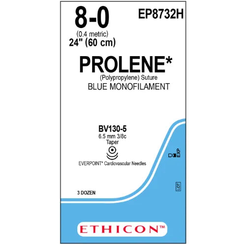 Ethicon Prolene Sutures USP 8-0, 3/8 Circle Taper Point BV 130-5 Double Needle EP8732H -12 Foils