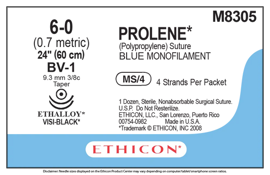 Ethicon Prolene Sutures USP 6-0, 3/8 Circle Round Body Visi-Black BV-1 Ethalloy Double Needle W8305