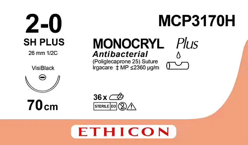 Monocryl Plus Sutures USP 2-0, 1/2 Circle Oval Round Body - MCP3170H