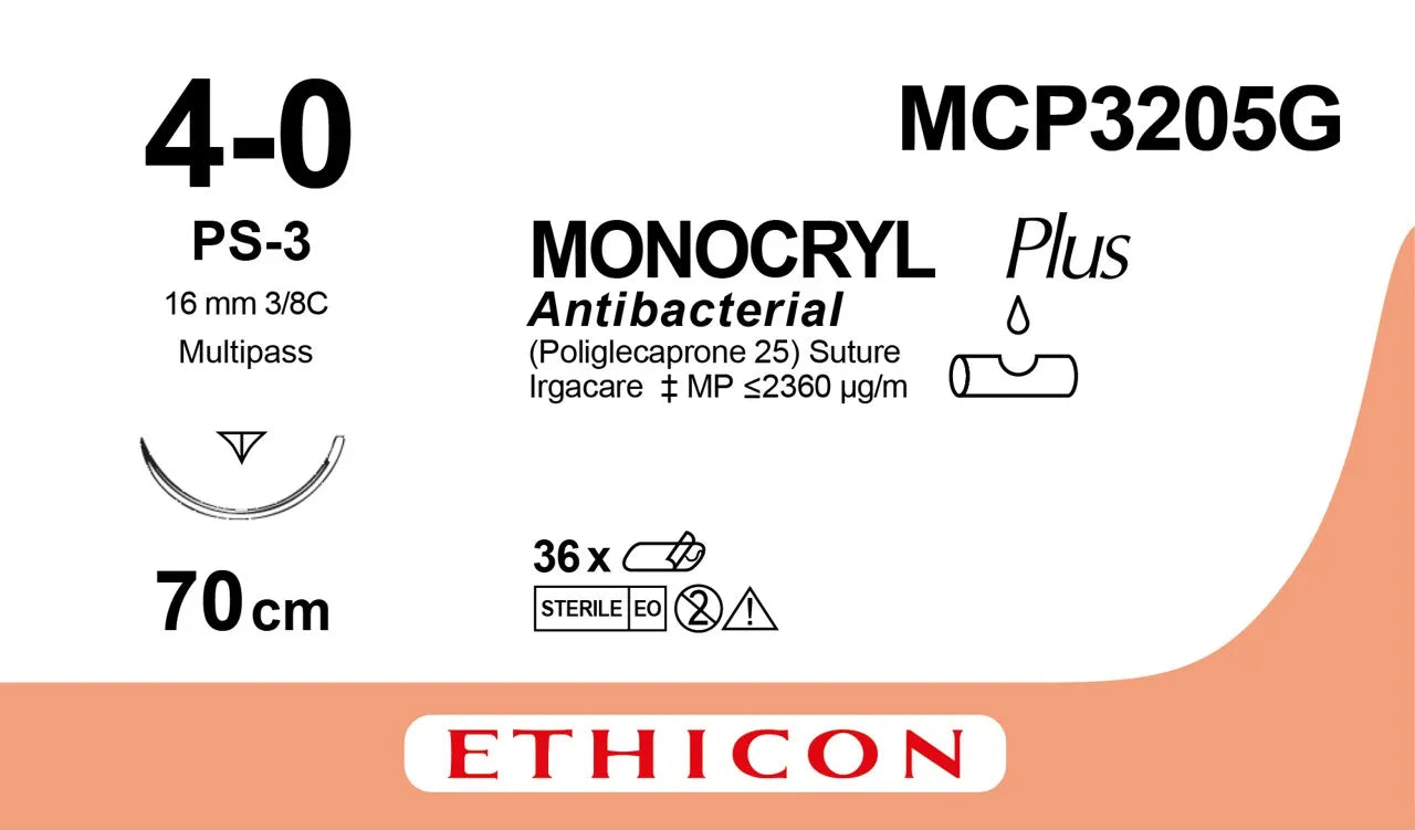 Monocryl Plus Sutures USP 4-0, 3/8 Circle Reverse Cutting Prime MCP3205G