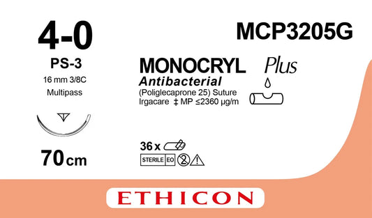 Monocryl Plus Sutures USP 4-0, 3/8 Circle Reverse Cutting Prime MCP3205G