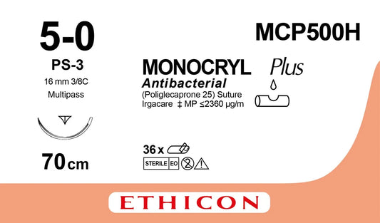 Monocryl Plus Sutures USP 5-0, 3/8 Circle Reverse Cutting Prime MCP500H