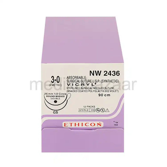 Ethicon Vicryl Sutures USP 3-0, 1/2 Circle Round Body GS Double Needle - NW2436