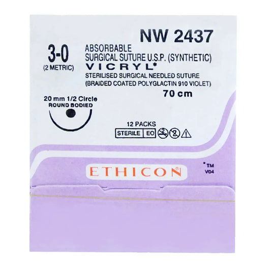 Ethicon Vicryl Sutures USP 3-0, 1/2 Circle Round Body - NW 2437P