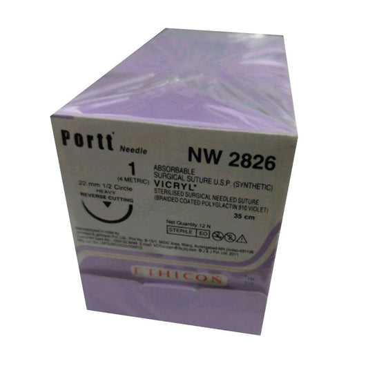 Ehicon Vicryl Sutures USP 1, 1/2 Circle Reverse Cutting Heavy Portt - NW2826