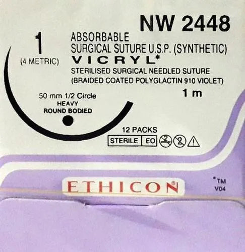 Ethicon Vicryl Sutures USP 1, 1/2 Circle Round Body Heavy - NW2448