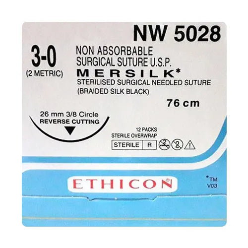 Mersilk Sutures USP 3-0, 3/8 Circle Reverse Cutting Ethiprime - NW 5028P