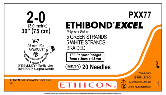 Ethicon Ethibond Sutures USP 2-0, 1/2 Circle Tapercut V-7 Double Needle - PXX77 - 12 foils