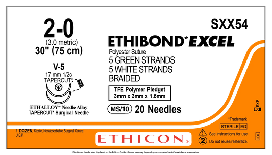 Ethicon Ethibond Sutures USP 2-0, 1/2 Circle Tapercut V-5 Double Needle - SXX54 - 12 foils