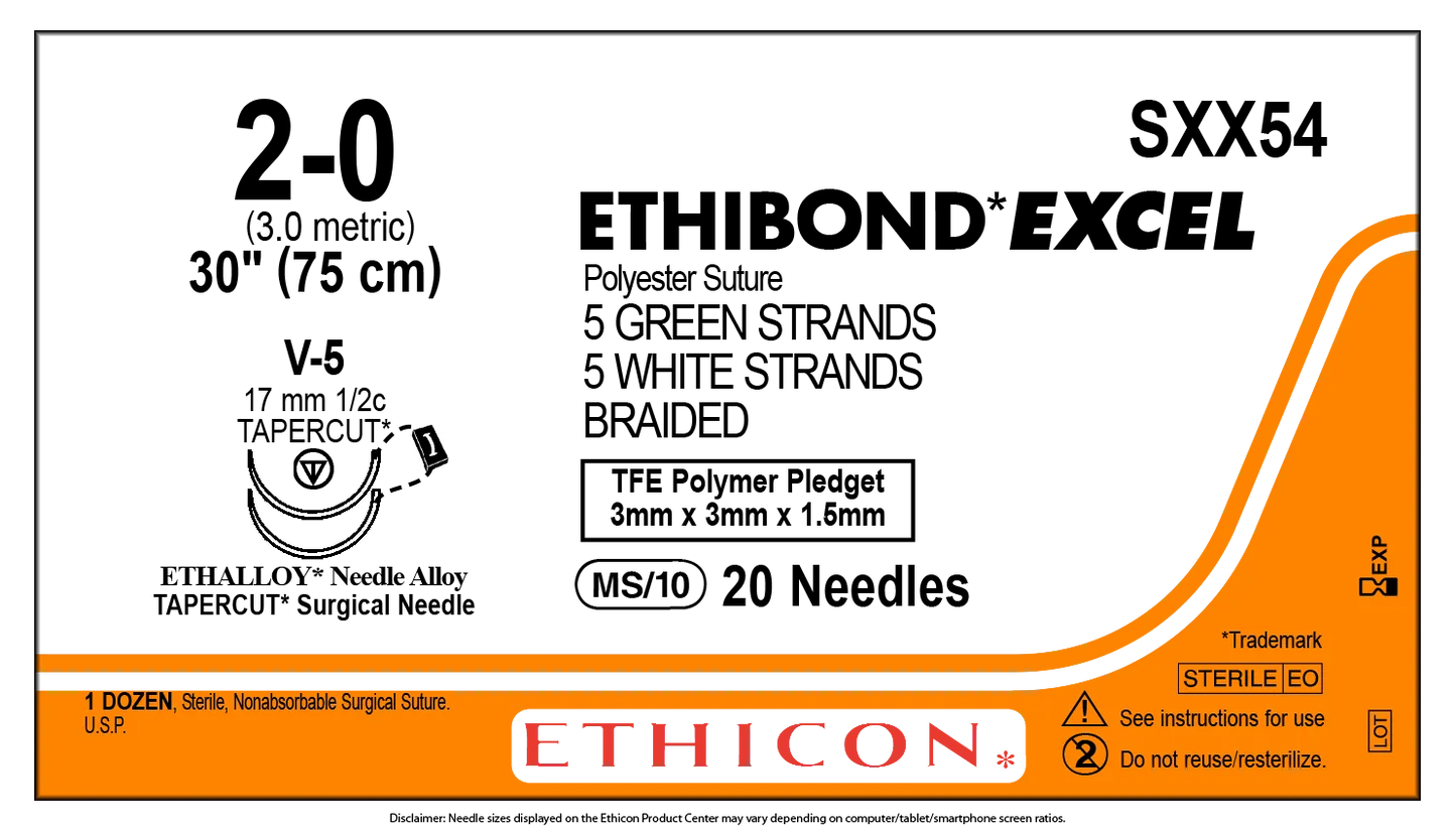 Ethicon Ethibond Sutures USP 2-0, 1/2 Circle Tapercut V-5 Double Needle - SXX54 - 12 foils