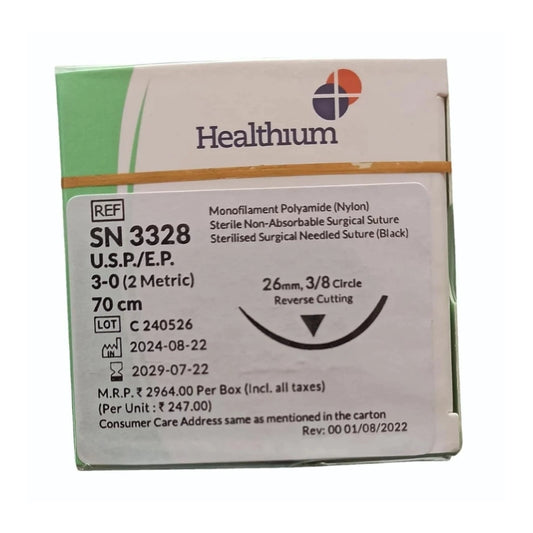 Sutures India Trulon USP 3-0, 3/8 Circle Reverse Cutting SN 3328