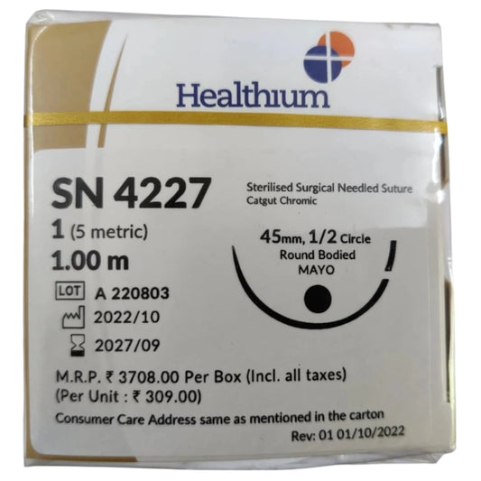 Sutures India Trugut Chromic Catgut USP 1, 1/2 Circle Round Body Mayo - SN 4227 -12 Foils